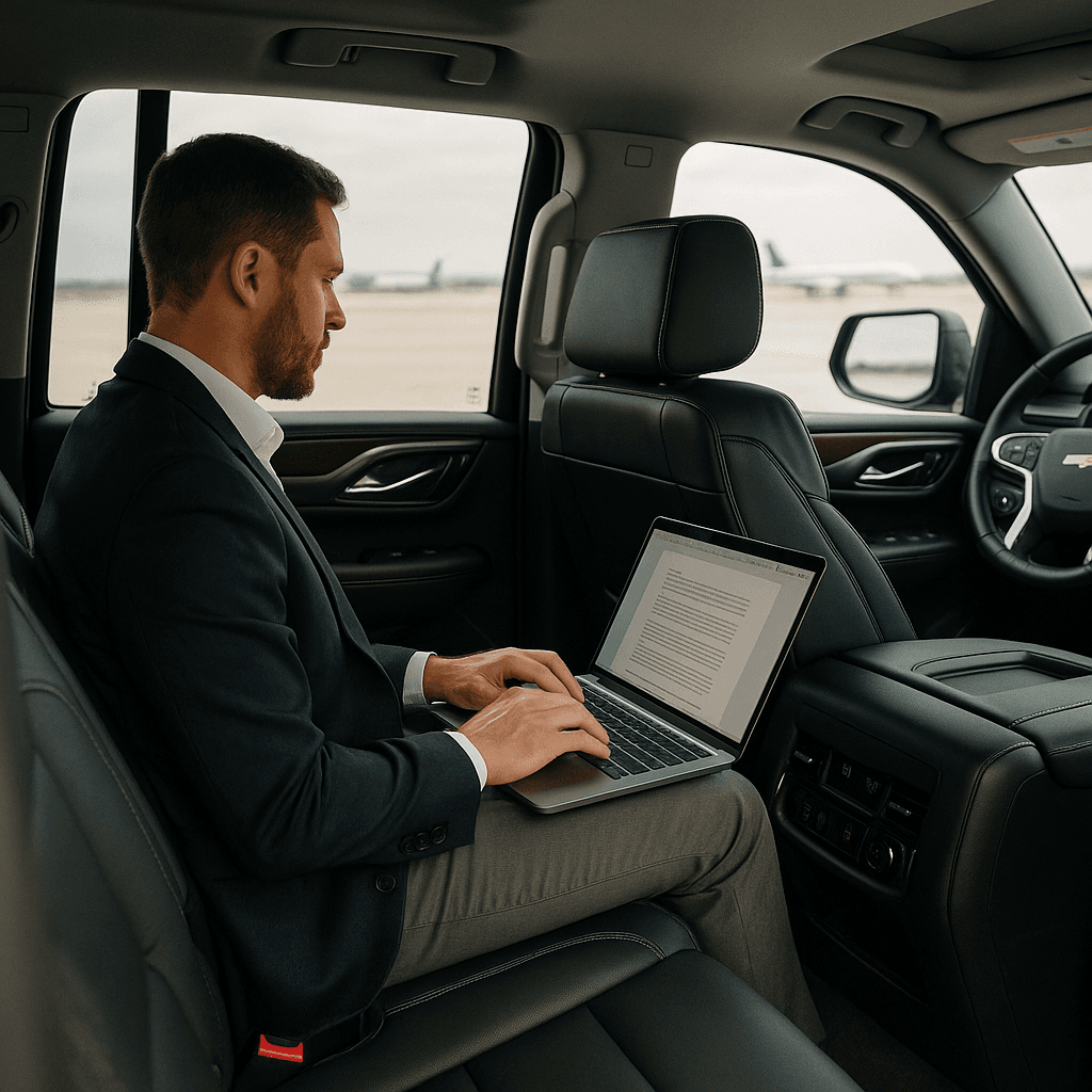 Professional businessman using laptop in luxury vehicle